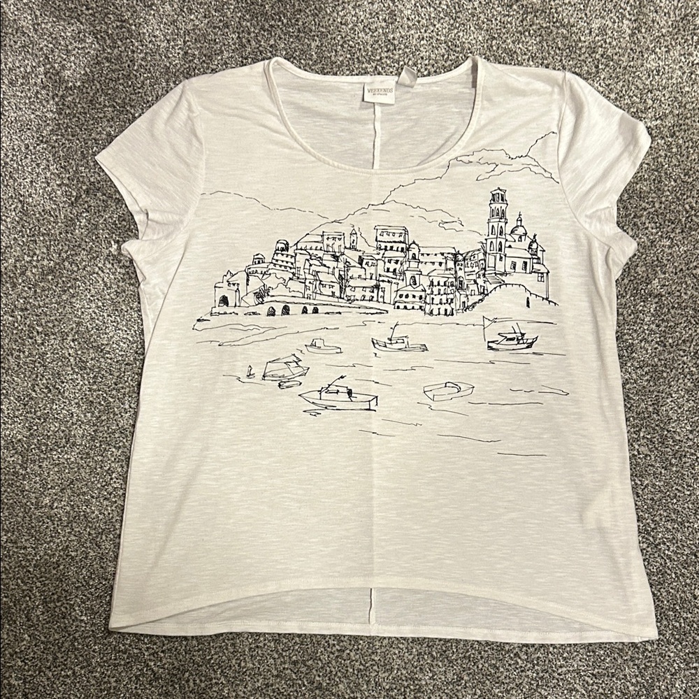 Weekends By Chico's White Scenic Graphic Tee size 3